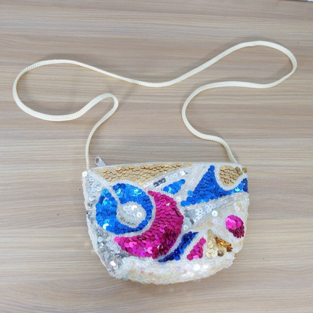 VINTAGE White Bag Mini Crossbody Sling Purse Sequin Colorful Allover LA REGALE